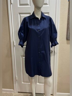 Finley Miller Ruched Puff Sleeve Mini Shirt Dress - Typewriter Cloth Navy Blue S